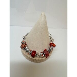 Red Orange Glass Lampwork Charm Bracelet Silver Tone‎ Snake Chain Floral Accents